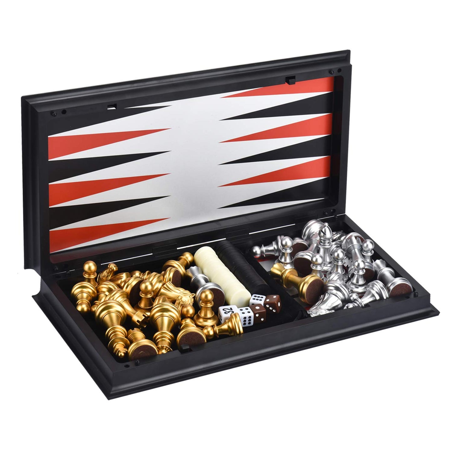 QuadPro 3 in 1 Magnetic Chess Checkers Backgammon Set - Folding Travel Game, Gold & Silver, Model QP003, Plastic