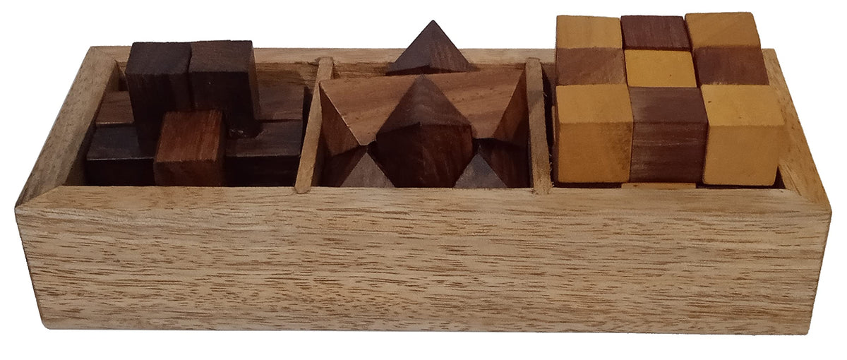 Purpledip Wooden Puzzles Set: 3 Mind Brain Challenges with Storage Box (12629)