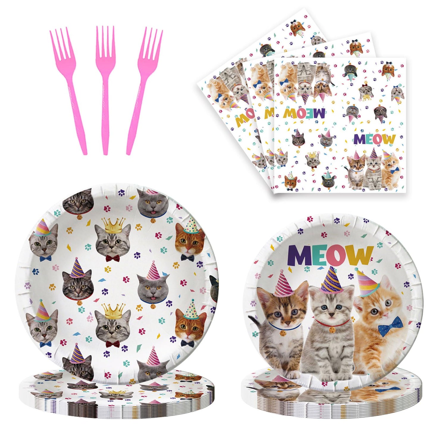 96 Pcs Cat Party Paper Plate and Napkins Cat Theme Birthday Decorations Kitten Birthday Paper Plates Supplies Disposable Set Tab