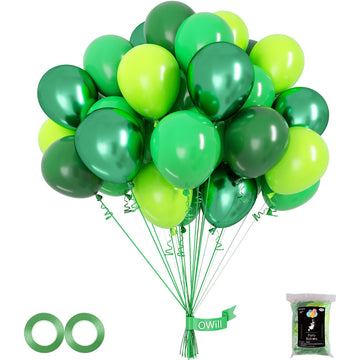 Owill 100Pcs Green Balloons 12 Inches Different Shades Dark Green Emerald Green Lime Green Chrome Metallic Green Latex Balloons