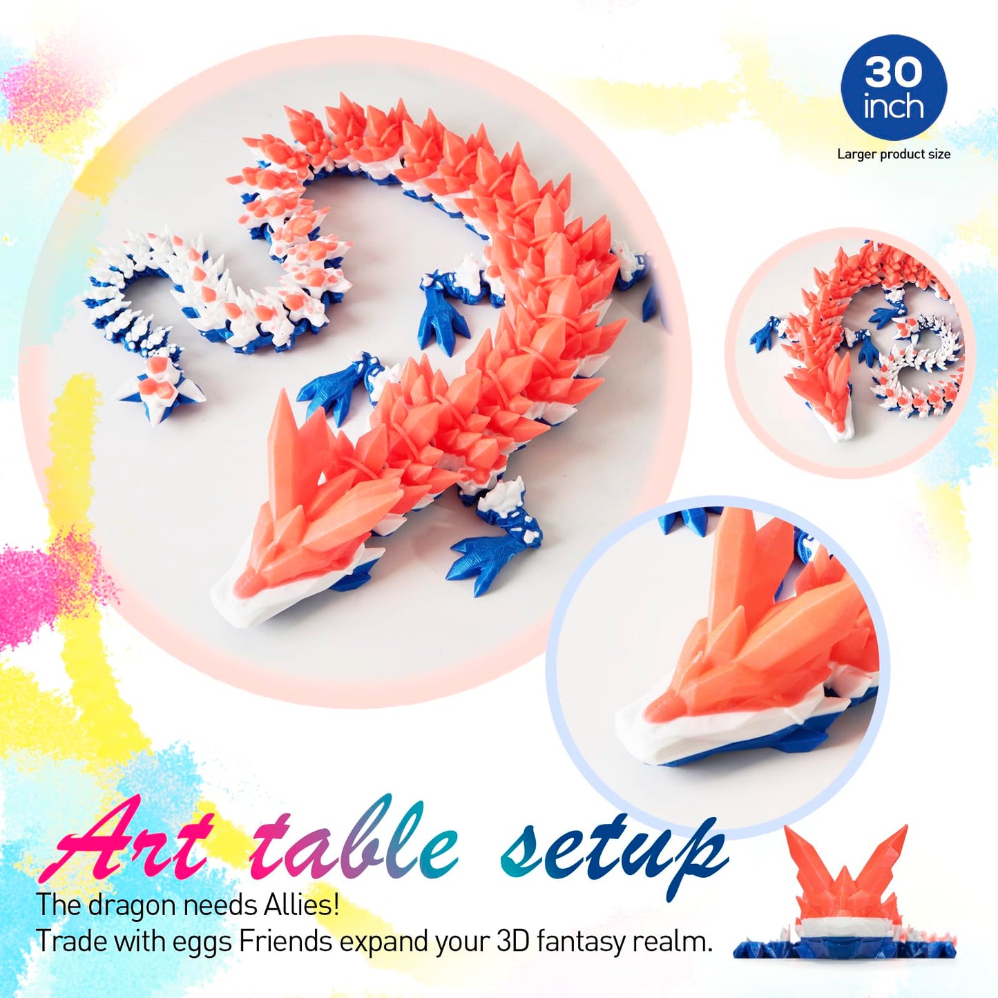 Dak Haan 30 Large 3D Printed Dragon Flexible Articulated Crystal Dragon Fidget Toy Cool Big Dragons Toy Huge 3D Printed Dragons Gift for Girls Boys Kids Christmas & Birthday