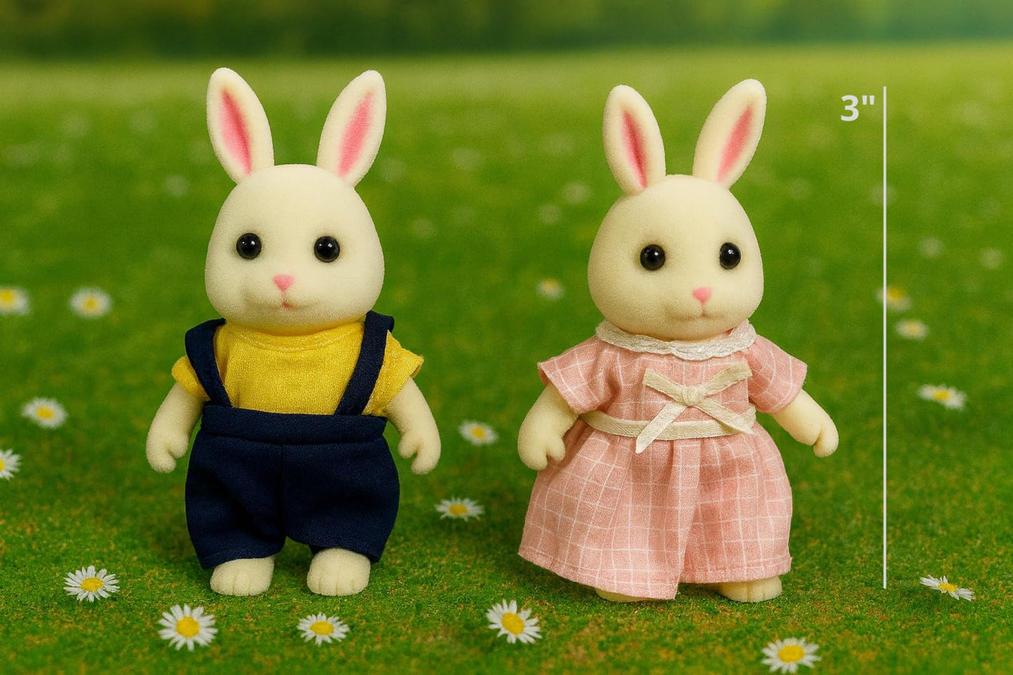 Oleoca Family Cream Rabbit Figures - Set Of 2 Collectible Flocked Mini Dolls With Removable Clothes, Miniature Dollhouse Pretend