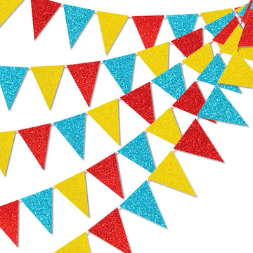 45 Pieces Colorful Pennant Flags - 49Ft Carnival Theme Party Garland Banner Yellow Blue Red Glitter Paper Pennant Triangle Bunti