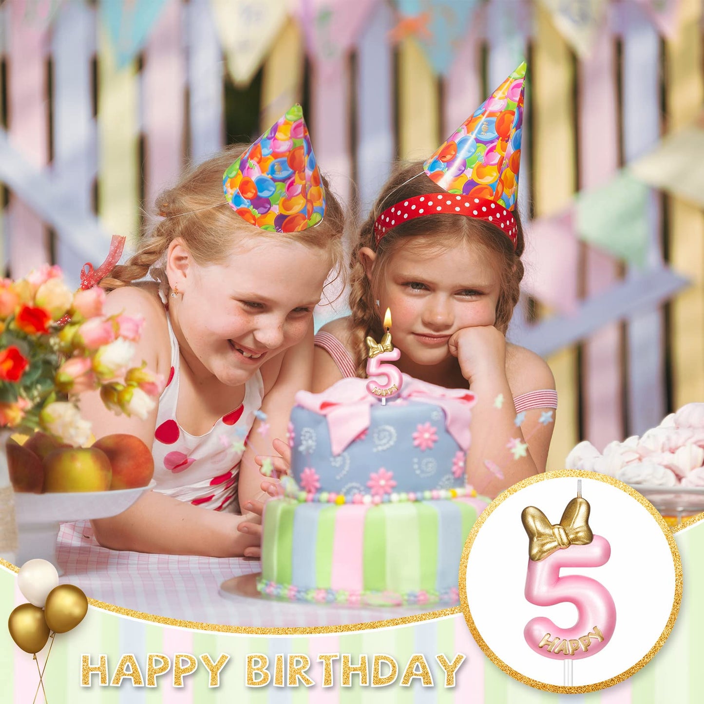 BBTO Number 5 Birthday Candle Pink Birthday Candle Girl with 10 Pieces Pink Candles Long Thin Cupcake Candles in Holders for Cak