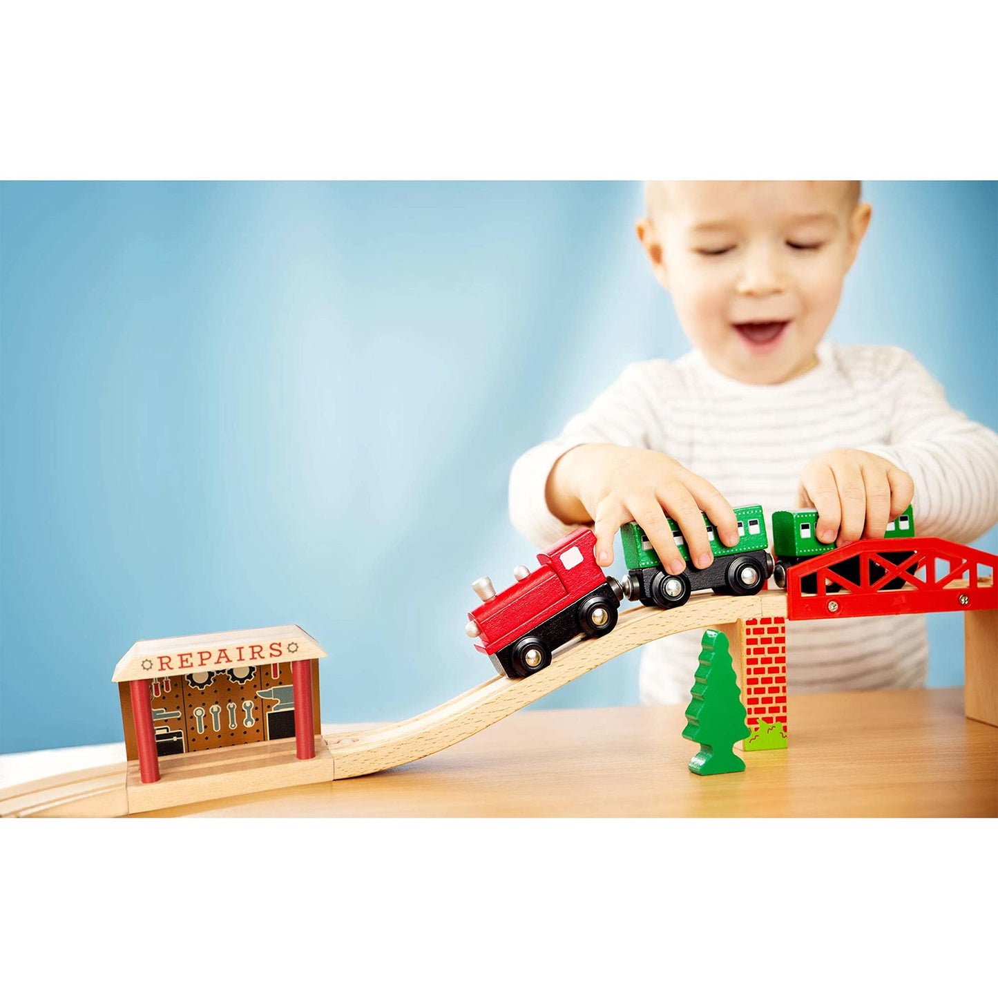 Wooden Train Track Mechanic & Station Service Building - Conductor Carl 2-in-1 Mechanic Service & Train Station for Customizing