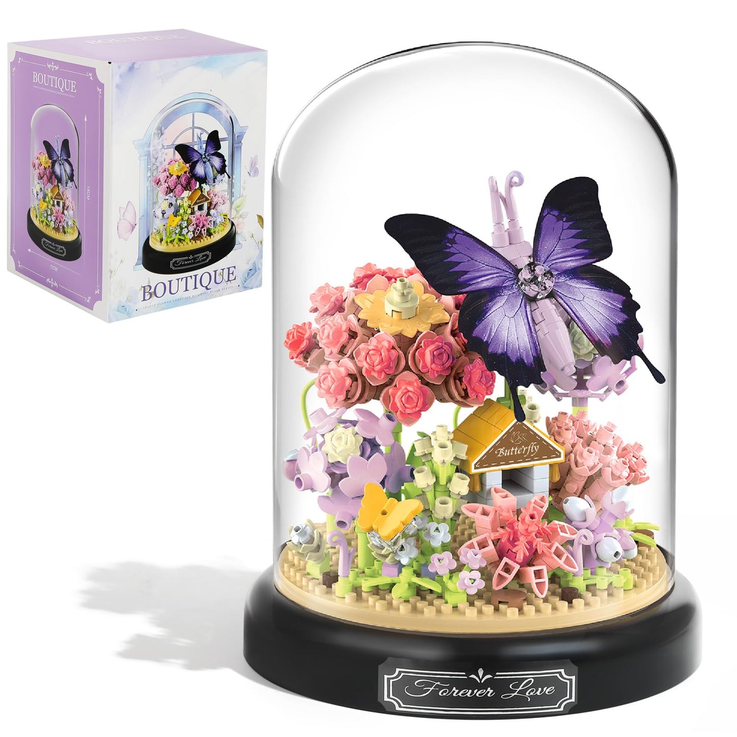 Plintone Flourishing Butterfly Love Flower Bouquet Building Set, 582 Pcs Botanical Collection With Dust Cover, Night Ambiance Wi