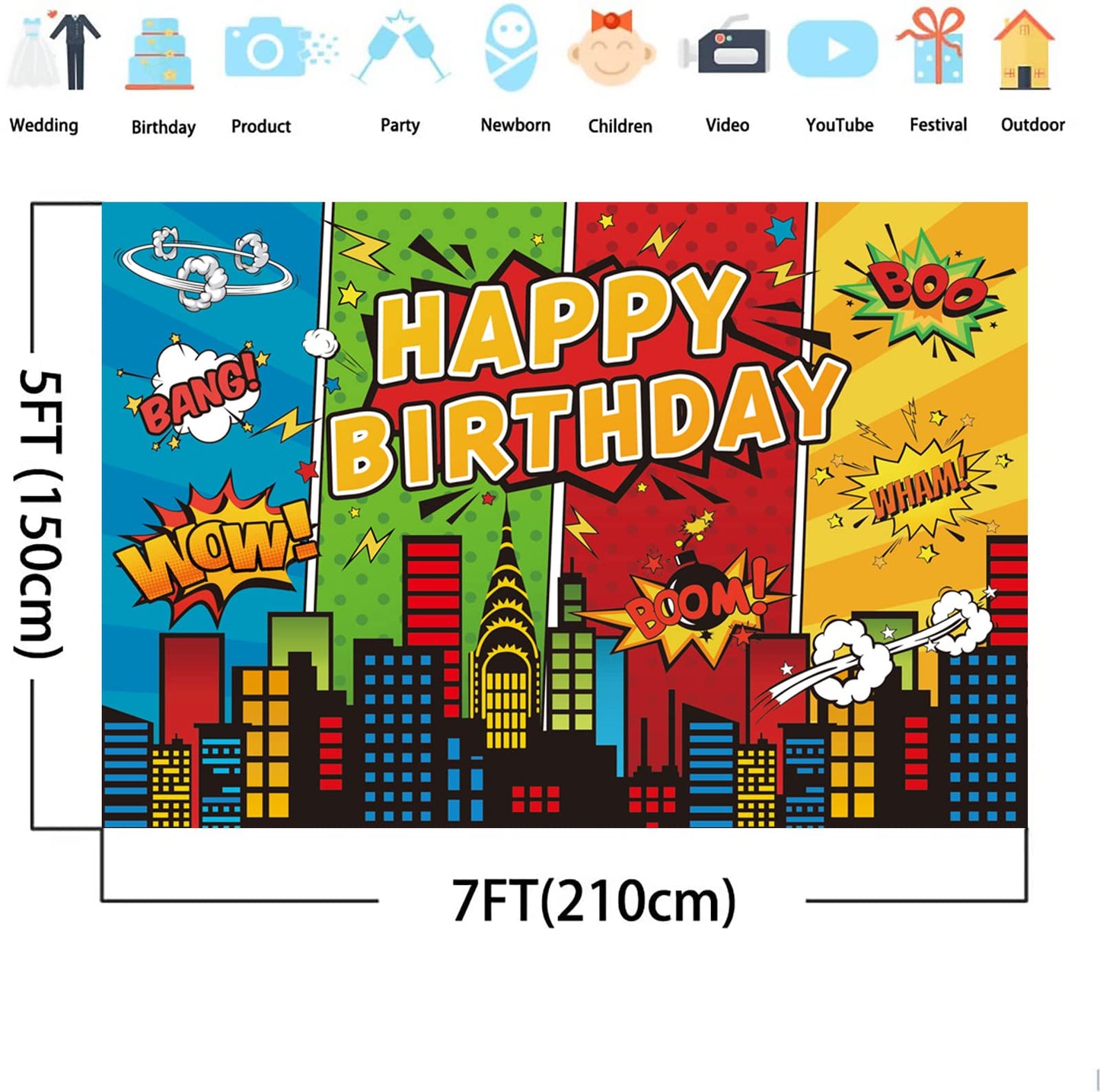 7X5Ft Superhero Theme Backdrop For Children Boys Super Heros Comic Skyline Happy Birthday Party Supplies Decoration Baby Shower