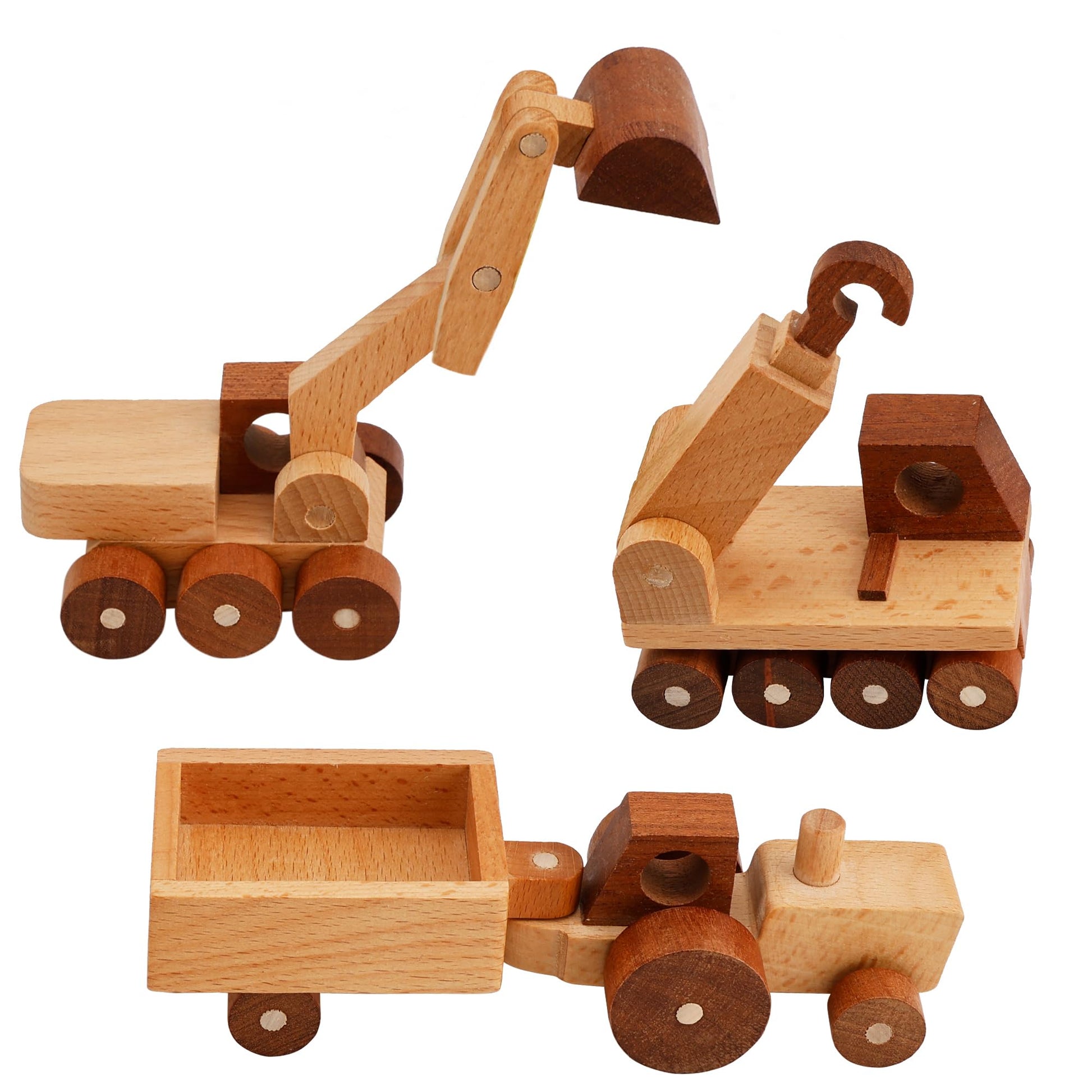 MONT PLEASANT Wooden Toy Construction Vehicle Set of 3  Toddler Montessori Toys Crane Tractor Trailer Excavator Toy Cars with Rolling Wheels  Kids Construction Toys Educational Gift for Boys and Girls