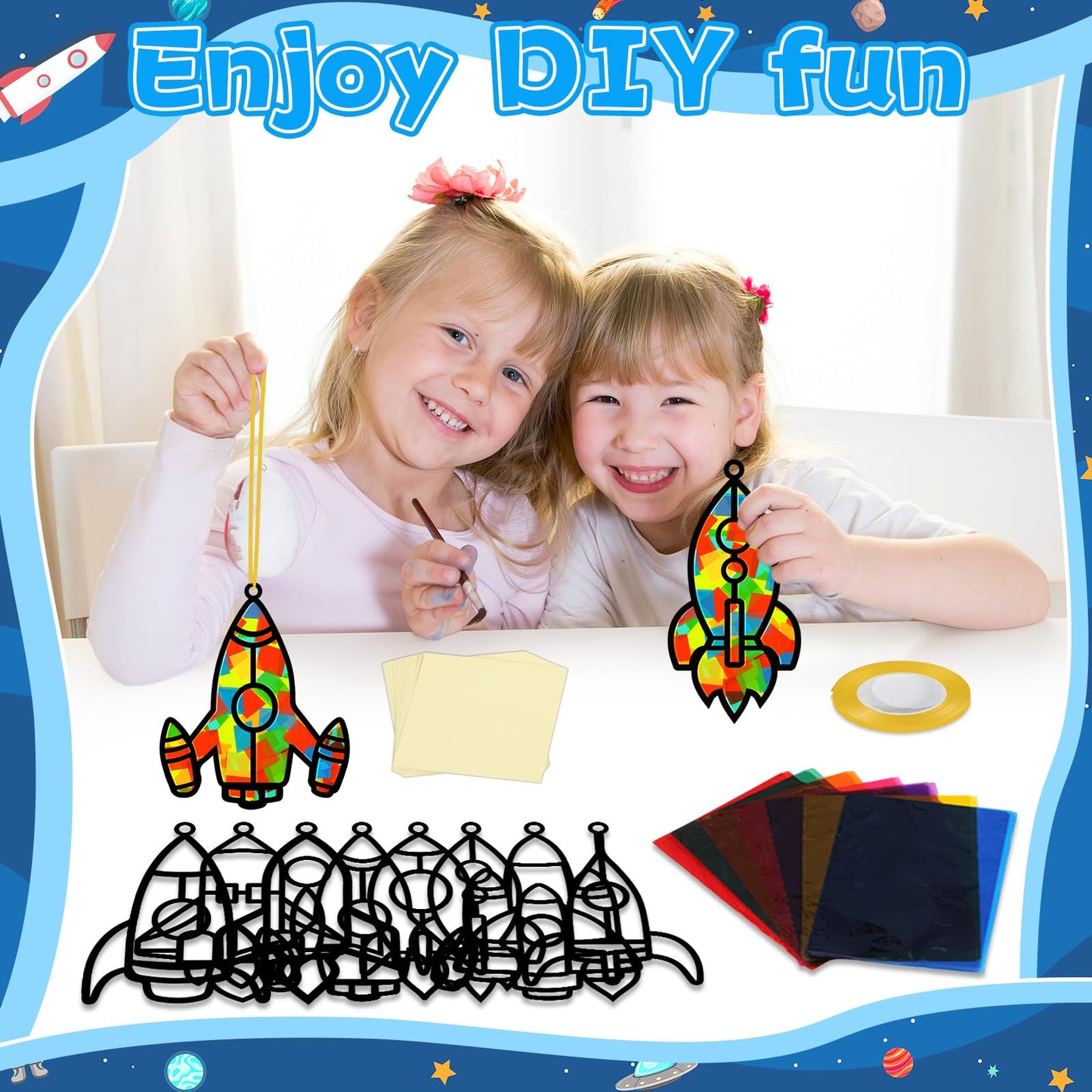 QOUBAI 32 Sets Outer Space Rocket Suncatchers Craft Kit, Colorful Paper Crafts for Home Decor, Classroom, Kids' Birthday Gifts, QB1080