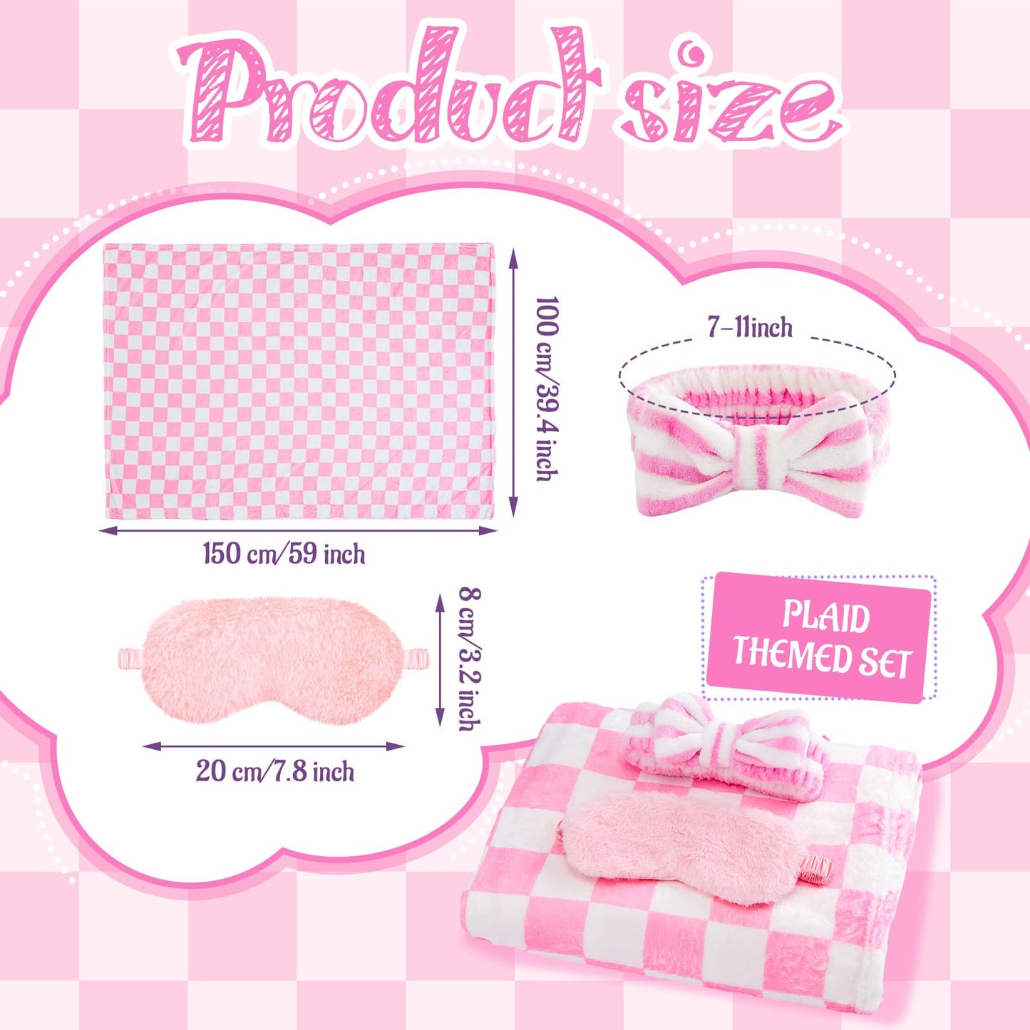 Fanfanwin 18 Pcs Sleepover Party Supplies for Girls, 6 Style Cute Pink Plaid Blanket 6 Coral Fleece Spa Headband 6 Plush Pink Ey