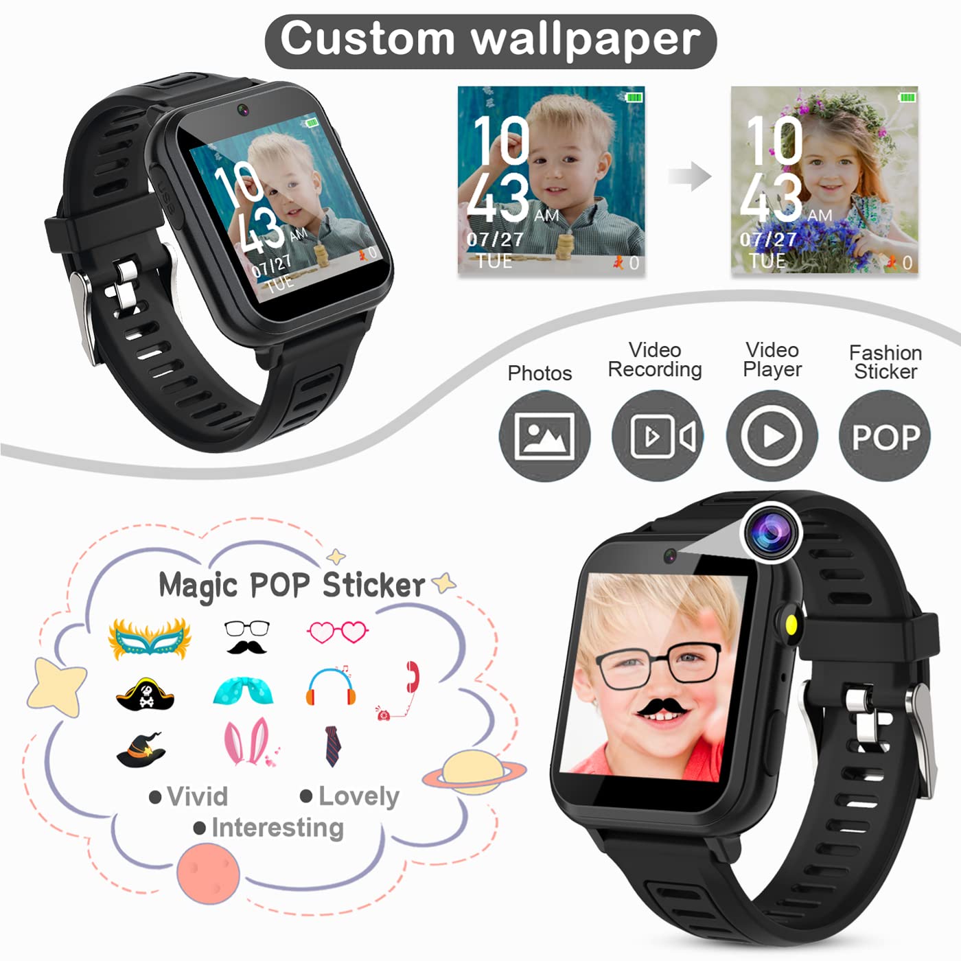 Kids Smart Watch for Boys Girls with Video,Camera,Music Player,24 Games,Pedometer, Alarm Clock, Calculator,Torch, Touch Screen,1