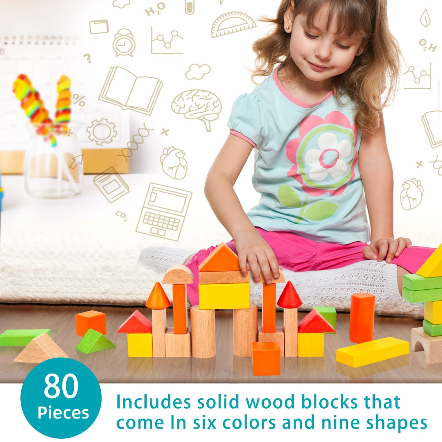 Timfuis Wooden Building Blocks Set - 80 Pcs Educational Toys for Toddlers, Standard Size, Includes Carrying Bag, Model TY04