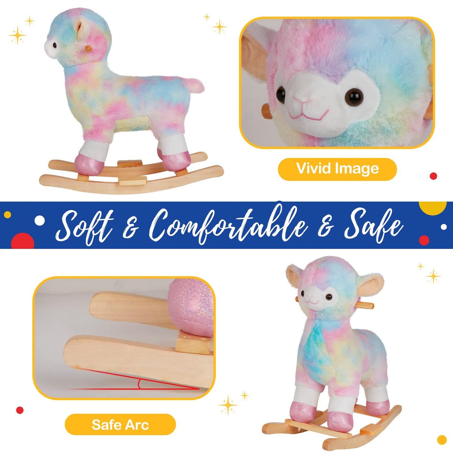 Light Up Musical Alpaca Baby Rocking Horse Set of 2 with Chair, Glowing Rainbow Llama Plush Stuffed Animal Rocker for Toddlers 1