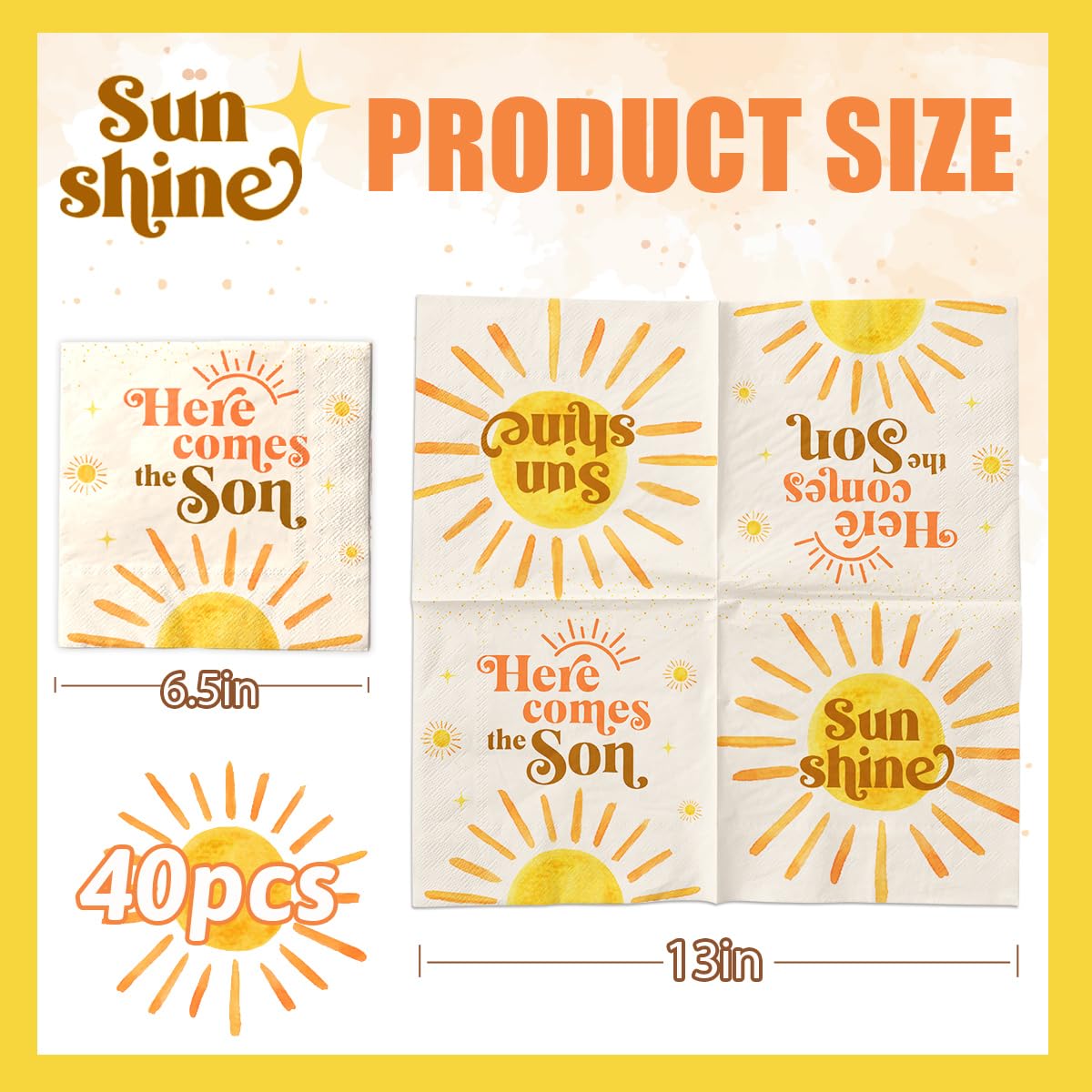 40Pcs Boho Sun Napkins-Here Comes The Son Baby Shower Decorations Retro Sunshine First Trip Around The Sun Disposable Paper Napk