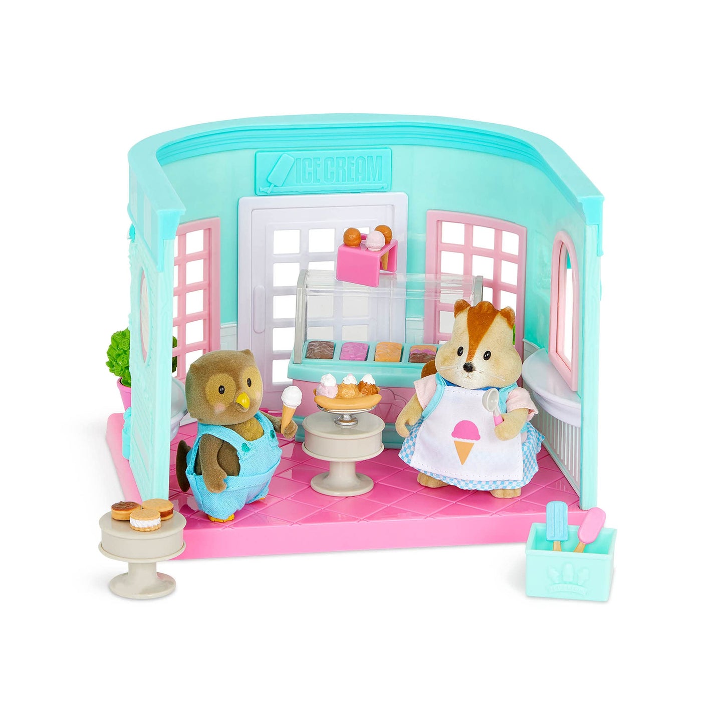Li’L Woodzeez – Scoops & Sprinkles Ice Cream Shop – 21Pcs Dollhouse Playset – 2 Posable Doll Figures & 1 Storybook Included – Miniature Food & Accessories – Stackable Playset For Kids 3+