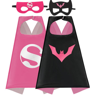 Mizzuco Superhero Capes For Kids Cloak With Mask Halloween Costumes And Party Dress Up 2Pcs(Rose-Red+Black)