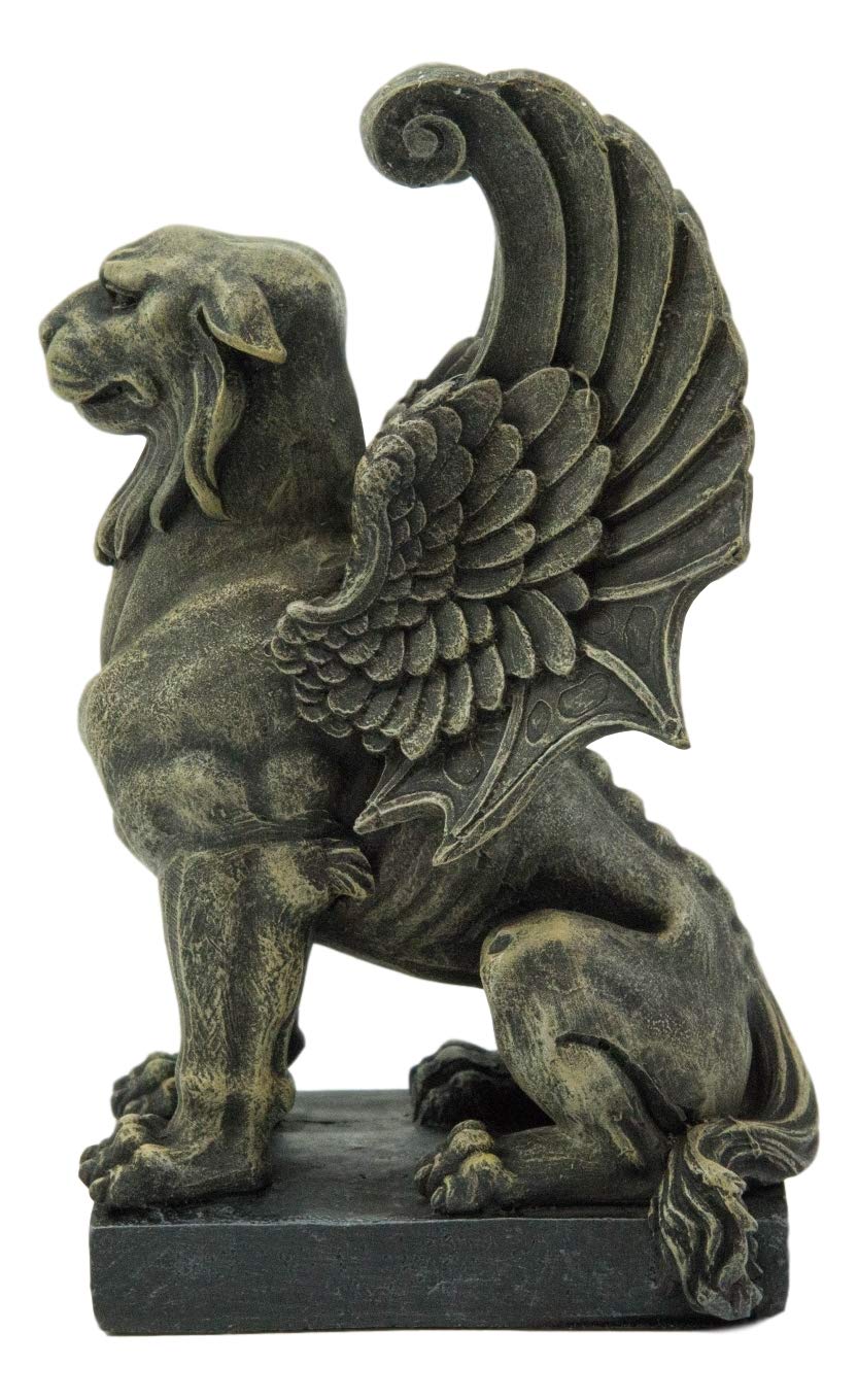 Ebros Gift Muscular Stoic Lion Gargoyle With Griffin Wings Crouching On Pedestal Decorative Statue 6.5' Tall Medieval Cathedral Castle Rooftop Gothic Figurine