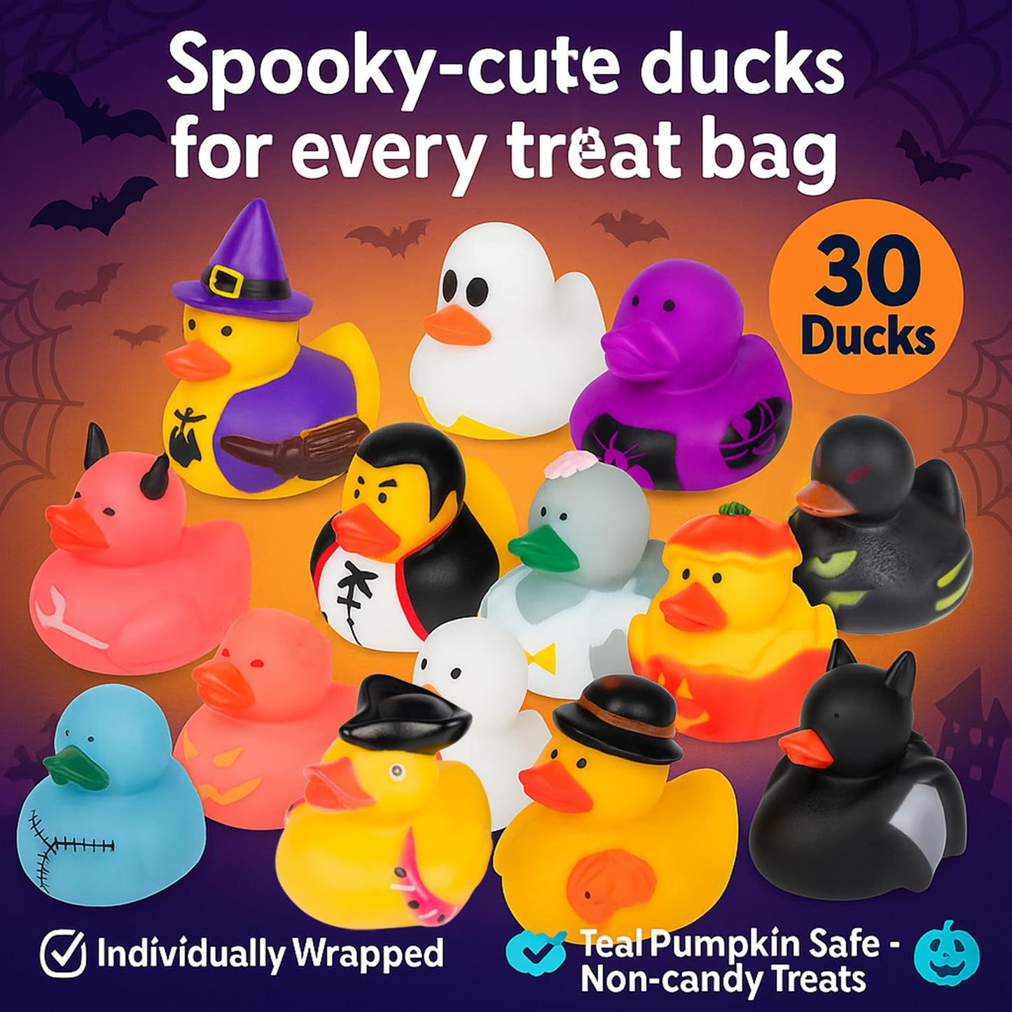 Funeta Halloween Party Favors for Kids - 30 Pack Rubber Ducks for Trick-or-Treaters, Non Candy Toys for Halloween Classroom Gift