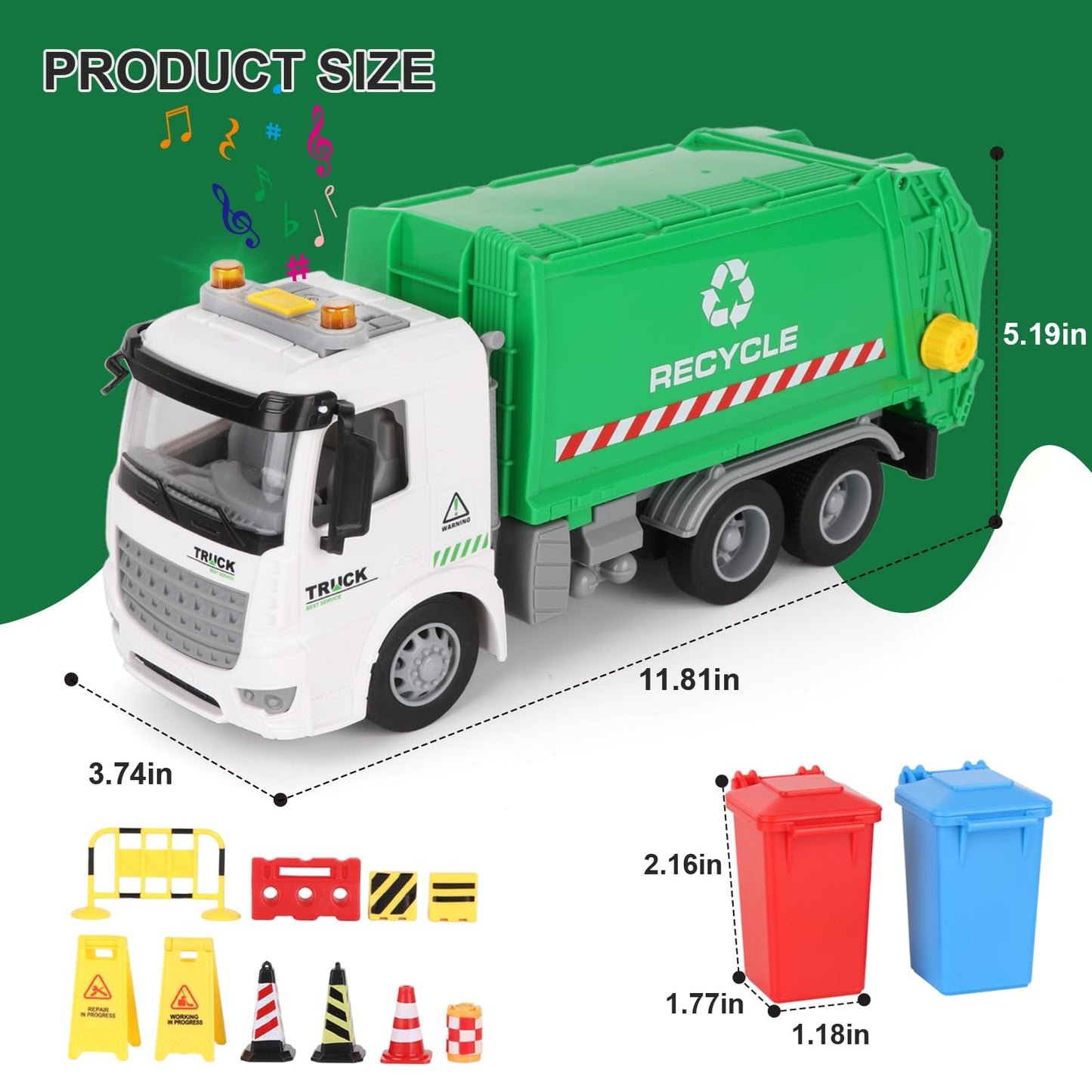 Mscredse 11.8'' Garbage Truck Toy With Dumping Function, Friction Powered Trash Truck Toy, Sound And Lights For Age 3-7 Years Ol