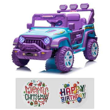 Modern-Depo 12V Kids Ride On Car Unicorn Truck With Diy Stickers, Manual/Remote Control Electric Car With Led Lights, 2 Motors, 2 Speeds, Openable Doors, Spring Suspension, Music Player, Purple/Cyan