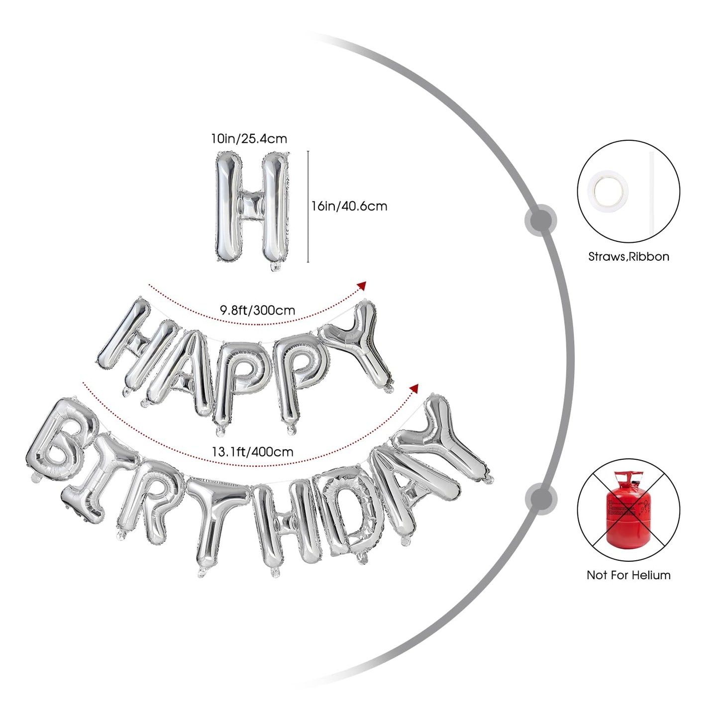 Yungsun Silver Happy Birthday Balloons Banner, 16 Inch Reusable 3D Letter Aluminum Foil Inflatable Letter Balloon Sign For Party