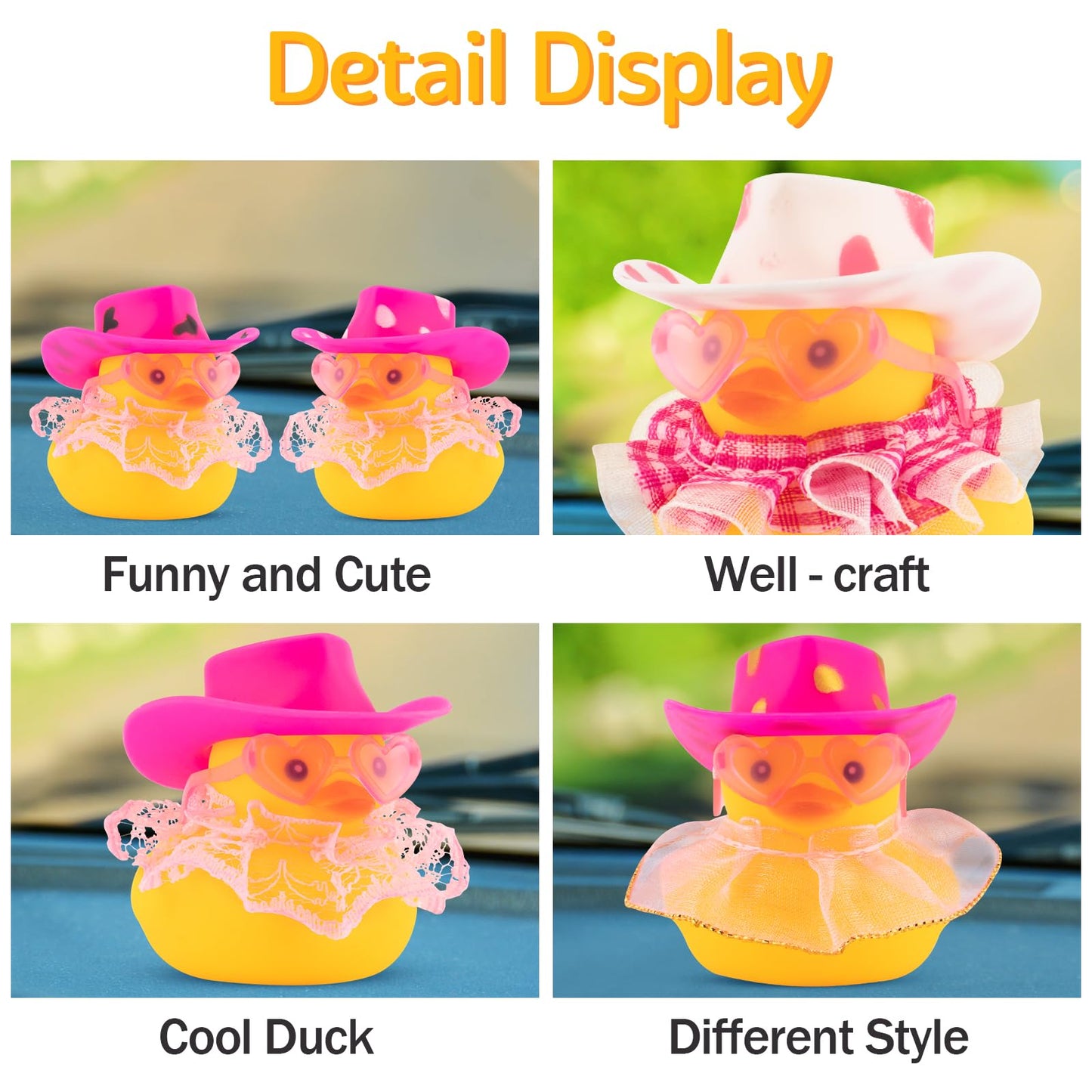 wonuu Rubber Duck Car Ornaments Duck Car Dashboard Decorations for Cute Car Accessories with Dress Heart Shape Sunglasses, Pink&