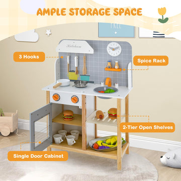 HONEY JOY Kids Kitchen Playset, Toddler Wooden Play Kitchen Set w/Sink, Stove & Oven, Cooking Accessories, Large Storage Cabinet