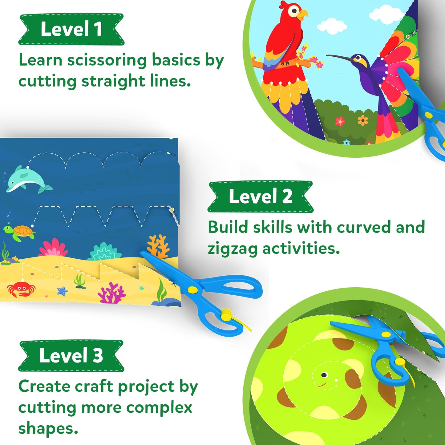 Skillmatics Scissor Skills Activity Book - Snip Snip Animals, 25 Fun Activities, 2 Child-Safe Scissors, Multicolor, Ages 3-7