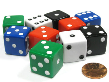 Koplow Games Set of 10 Large 19mm Opaque D6 Dice - 2 Each of 5 Assorted Colors - Plastic