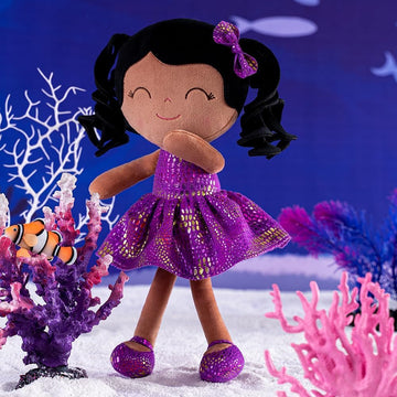 Gloveleya Soft Dolls Plush Figure Brown Skin Glitter Purple Dress Baby Doll Gift 12Inches