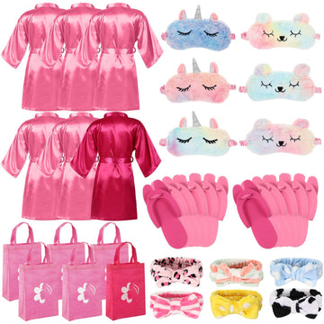 Shihanee 30 Pcs Spa Party Supplies For Girls, 6 Satin Robe 6 Kids Slippers Sleepover Birthday Spa Party Favors (1 Rose Red, 5 Pi