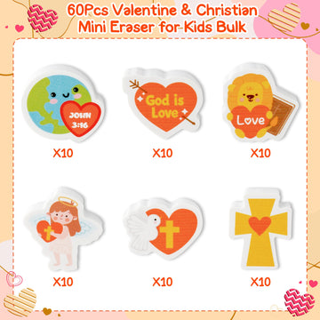 Yopyame 60Pcs Valentines Day Bible Mini Eraser For Kids Bulk God Is Love Cartoon Assorted Novelty Pencil Eraser Cute Puzzle Eras