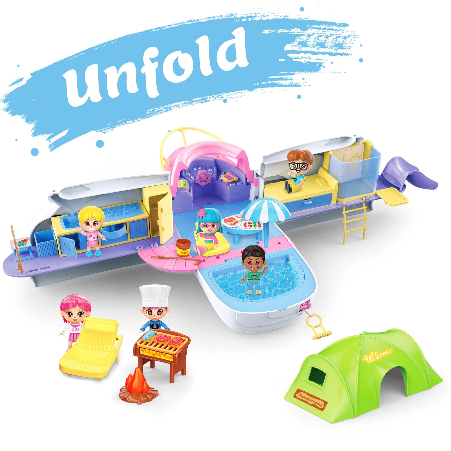 iPlay, iLearn Boat Dollhouse Playset for Girls 3-5, Kids Pretend Play Doll House Set W/ Cruise Ship, Dolls, Camping Accessories,