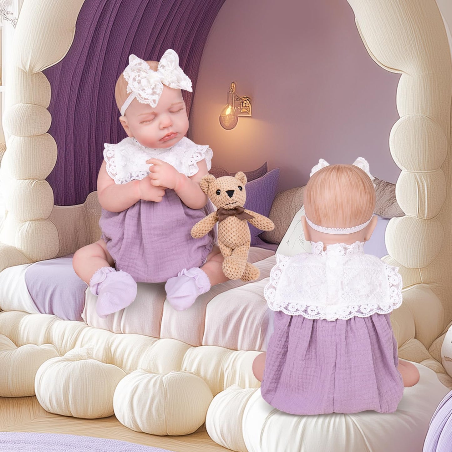Aori Reborn Baby Dolls Clothes 20 inch Purple Outfit Lace Headband for 17-20 Inch Reborn Doll Newborn Girl