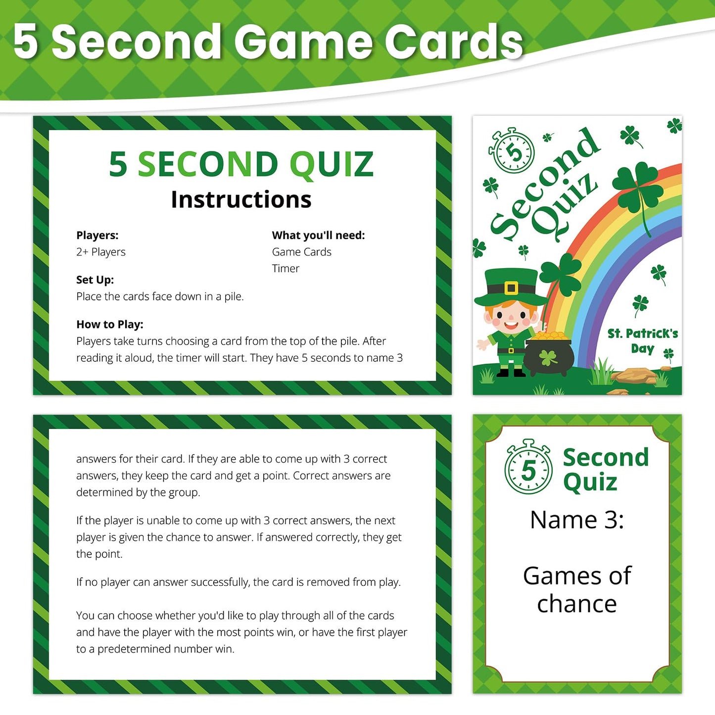 gisgfim St. Patrick's Day 5 Second Game 108 Simple Question Cards Digital Timer and 5 Second Hourglass Question Card Game for mature-themed Family Party Travel Night Sleepover Think Fast and Shout Out Answer