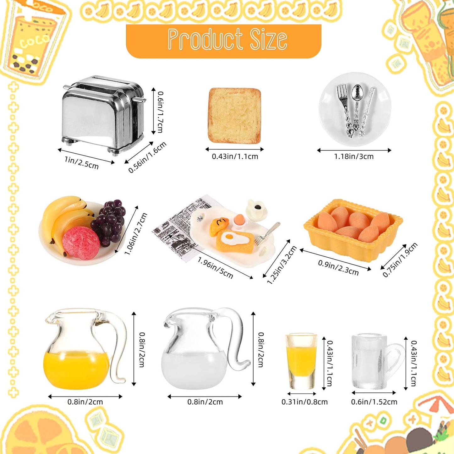 Simarro Miniature Dollhouse Breakfast Accessories, 46 Pcs 1:12 Scale Mini Toast Machine Bread Milk Eggs Cups Fruits Plates Fork
