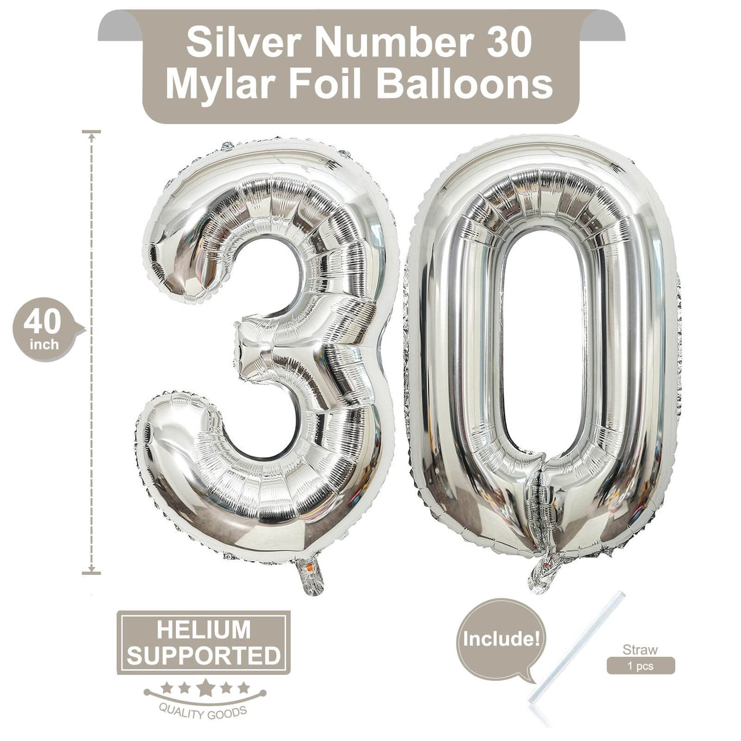 LHOAVWE 40 Inch Silver 30 Foil Mylar Balloons - Jumbo Birthday Party Decorations, Aluminum, Perfect for 30th Anniversary Celebrations