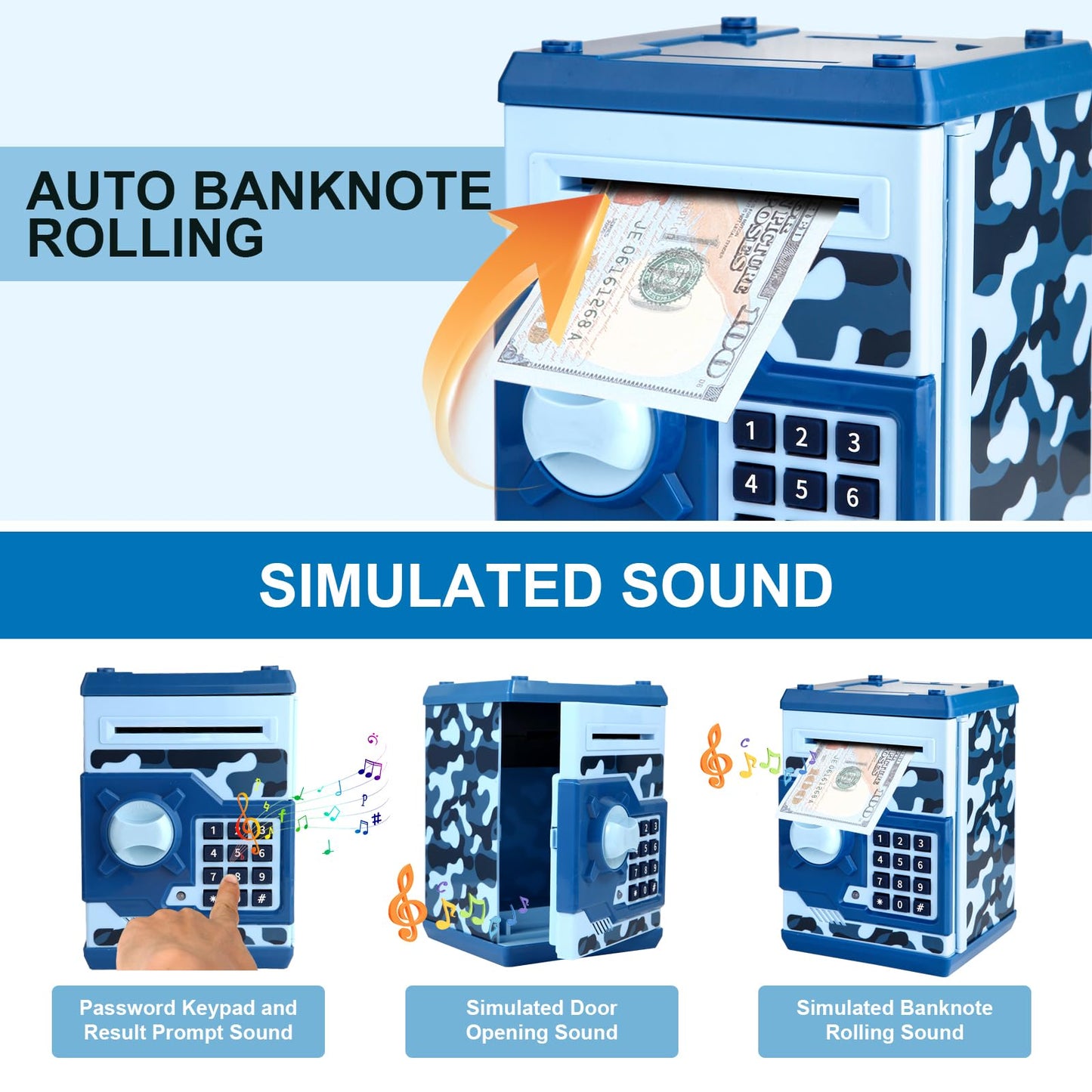 Pup Go Electronic ATM Piggy Bank for Kids Ages 3-12 Years Old  Pasdecorative replica blade Money Safe with Auto Cash Scroll  Fun Money Saving Box  Coin Bank  Best Birthday for Boys & Girls (Camo Blue)