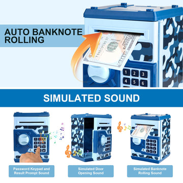 Pup Go Electronic ATM Piggy Bank for Kids Ages 3-12 Years Old  Pasdecorative replica blade Money Safe with Auto Cash Scroll  Fun Money Saving Box  Coin Bank  Best Birthday for Boys & Girls (Camo Blue)