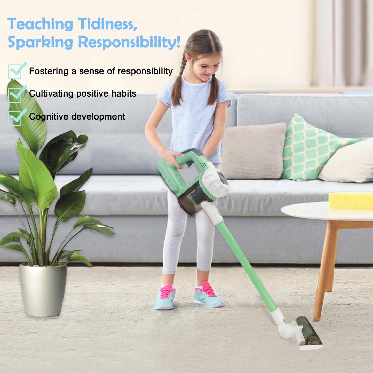 BAYMI Kids Cleaning Set - Vacuum, Broom, Dustpan & Brushes, Green, Model 950Green, Plastic, Ages 3+