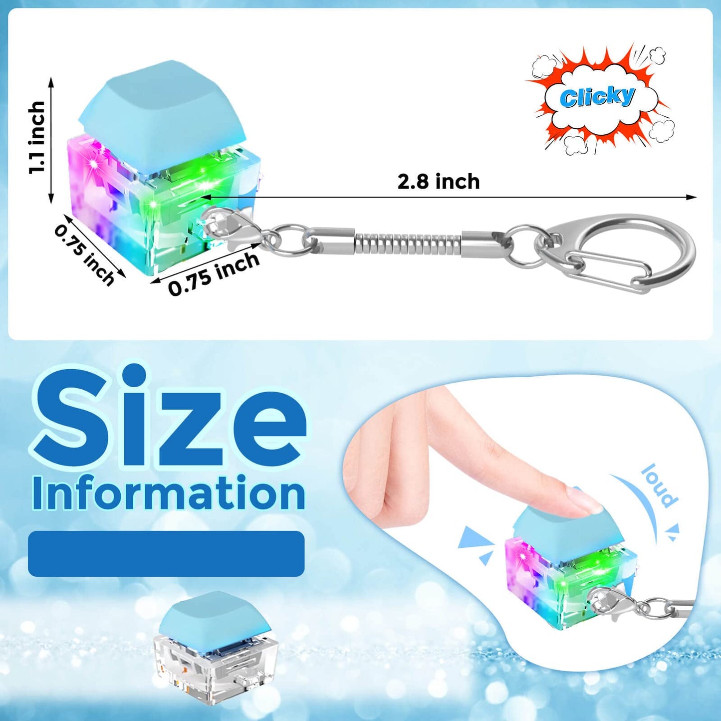 Keyboard Fidget Toys  Keychain Keyboard Decompression Toys Mechanical Key Button Stress Relief Gifts for mature-themed and Kids Finger Clicker Toys ADHD Toy Cool Fidgets(LED Light-Blue)
