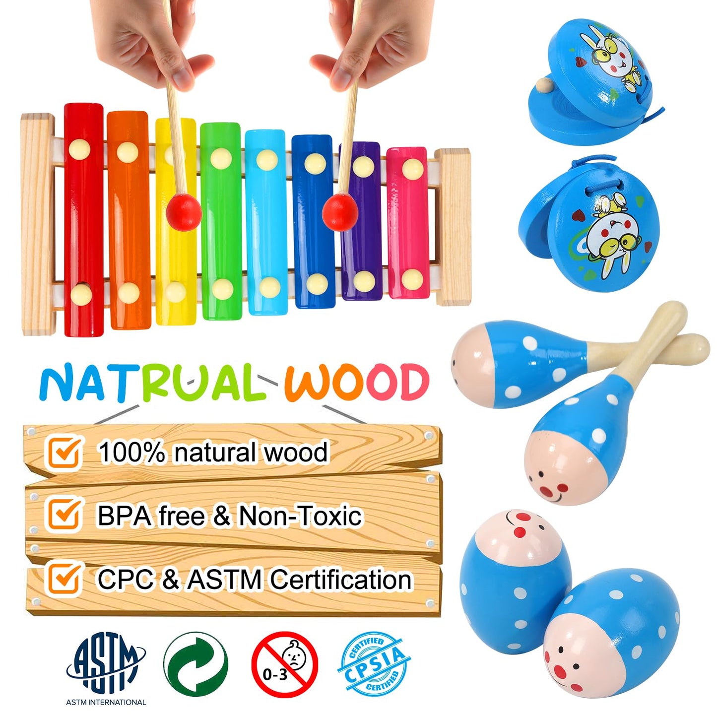 Raimy Kids Musical Instruments Set - Wooden Percussion Instruments Toy For Toddler Baby, Preschool Educational Music Toys For Boys And Girls With Carrying Bag (Blue)