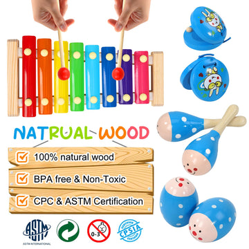 Raimy Kids Musical Instruments Set - Wooden Percussion Instruments Toy For Toddler Baby, Preschool Educational Music Toys For Boys And Girls With Carrying Bag (Blue)