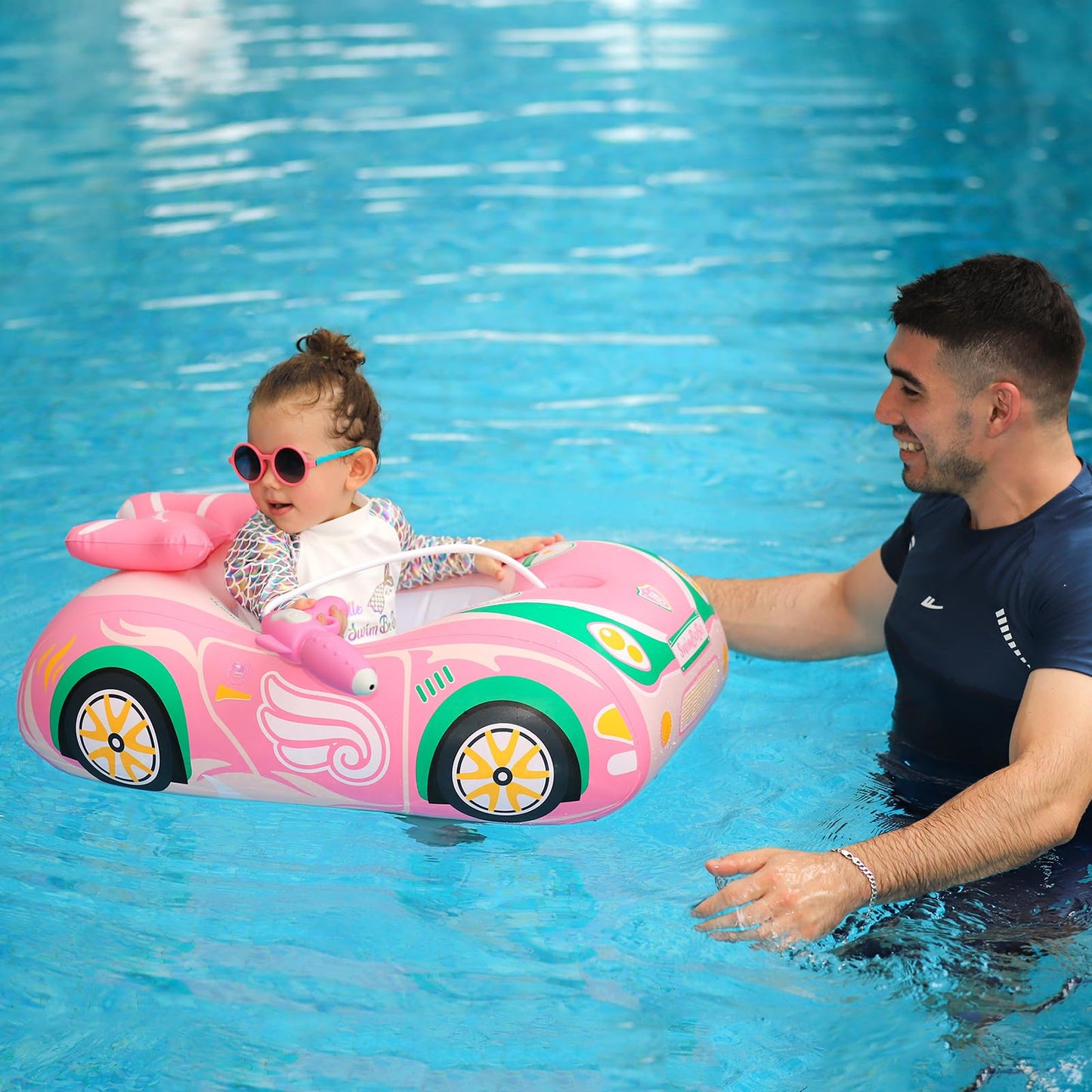 Swimbobo Toddler Pool Float Inflatable Car Baby Swim Float With Adjustable Sun Canopy And Safety Seat Pool Toys For Kids 3+ Years Old(Pink Green Car)