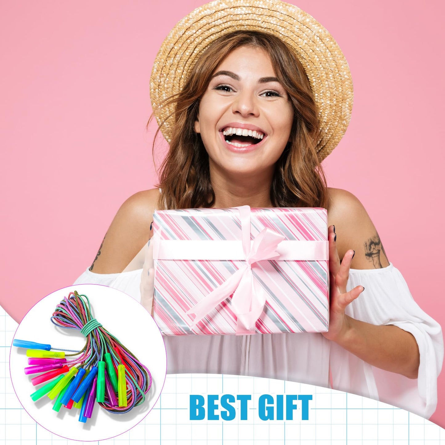 Honoson 100 Pcs Rainbow Jump Rope Bulk Valentines Day Gifts 7.8Ft Nylon Stripe Ropes With Handle Adjustable Colorful Party Favor