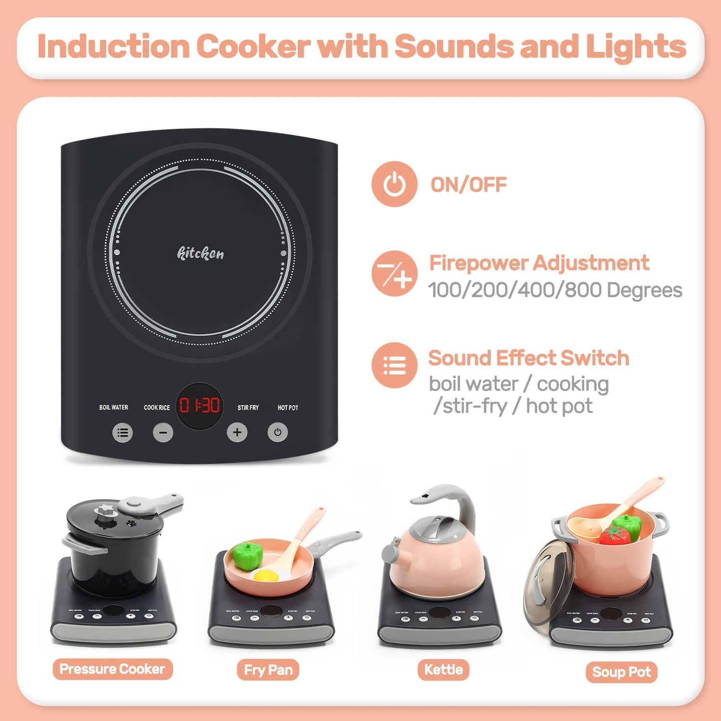 CUTE STONE Play Kitchen Accessories Set, Kids Cooking Toys Set with Play Pots and Pans, Electronic Induction Cooktop with Sound