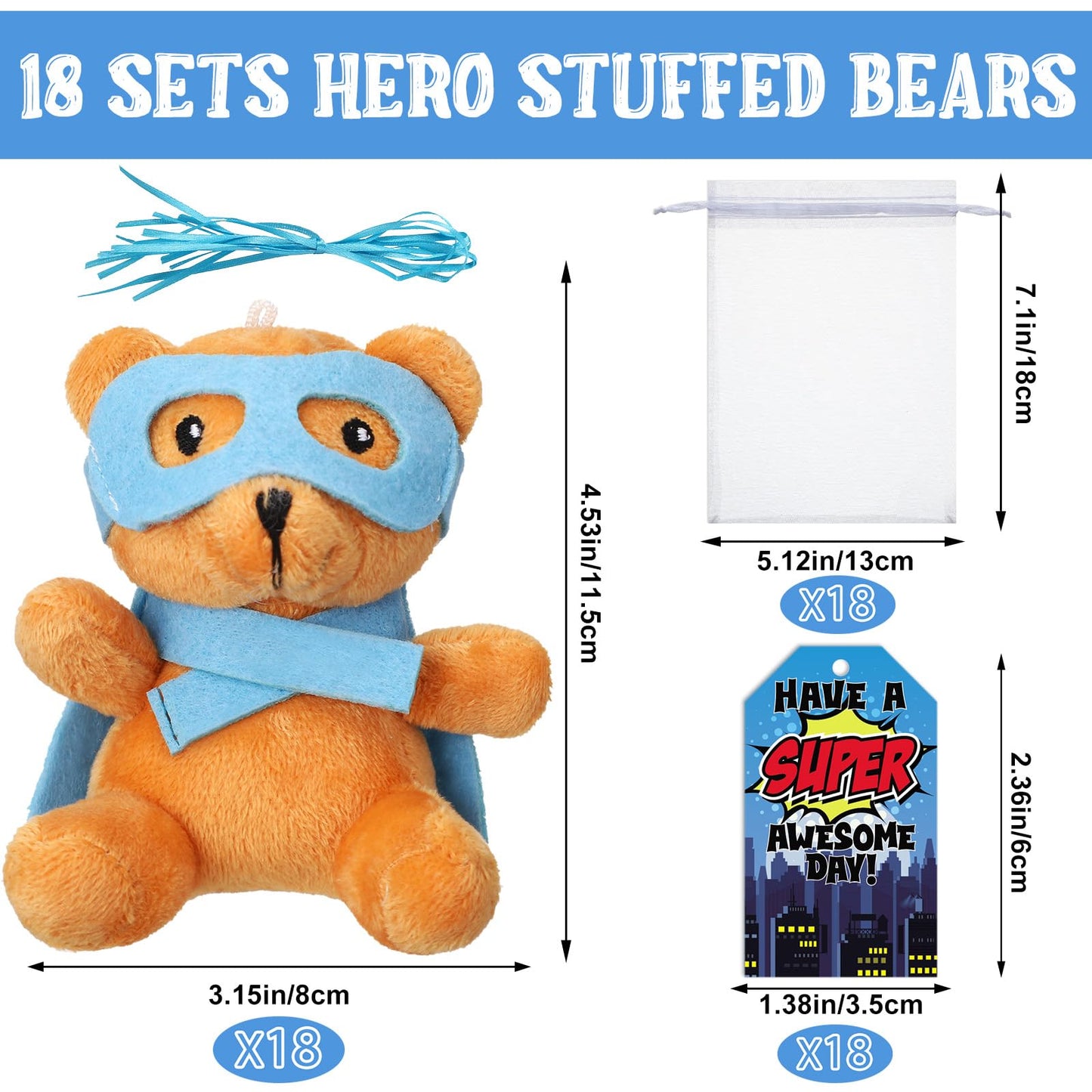 Silipull 12 Pcs Hero Party Favors Hero Stuffed Animal Bears with Tie Dye Card Back to School Gifts for Student Small Toys 4 Plus