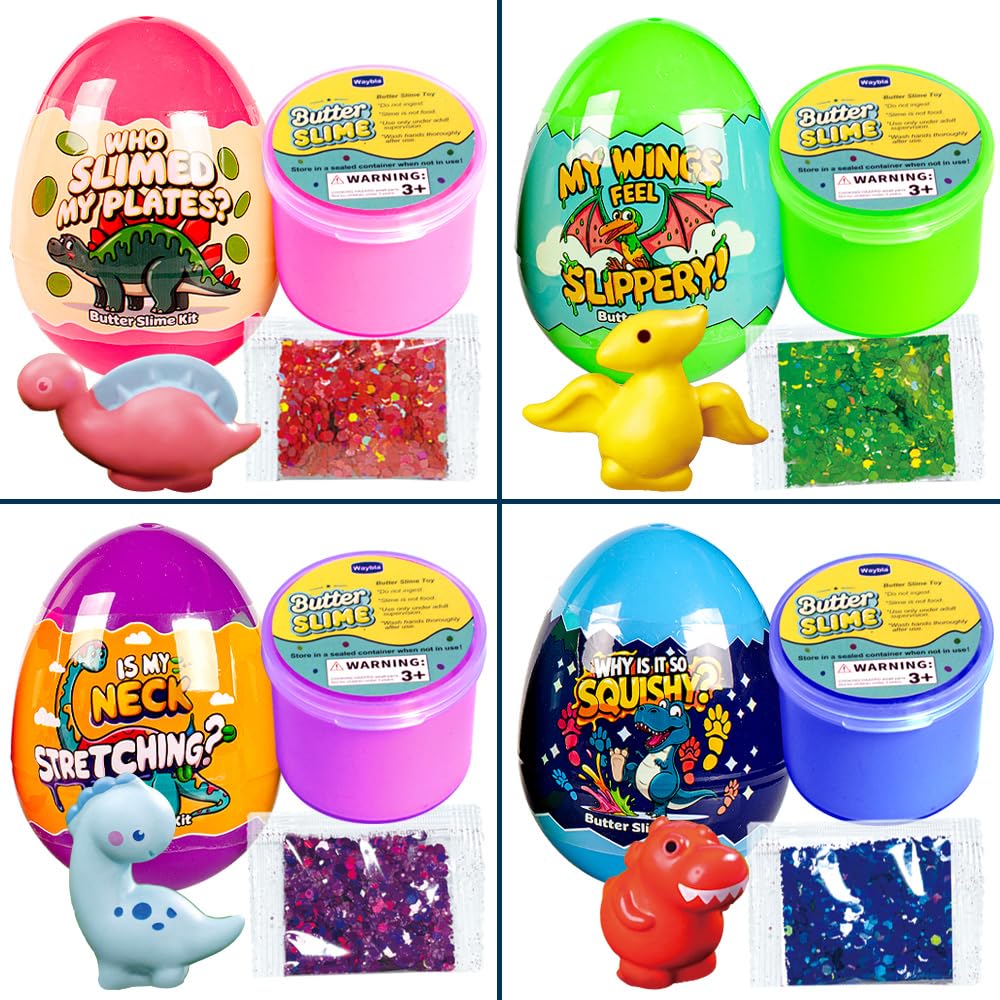 Waybla Dinosaur Butter Slime Kit for Kids - 4-Pack Colorful Butter Slimes with Glitter  Dinosaur Figurines  and Plastic Eggs - Sensory Toy  Party Favors  Birthday Gifts  Easter Basket Stuffers Fillers