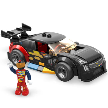 Mega Hot Wheels Building Toy Race Car Playset, 16 Cadillac Ats-V With 90 Pieces, 1 Micro Action Figure Driver, Black, Kids Age 5