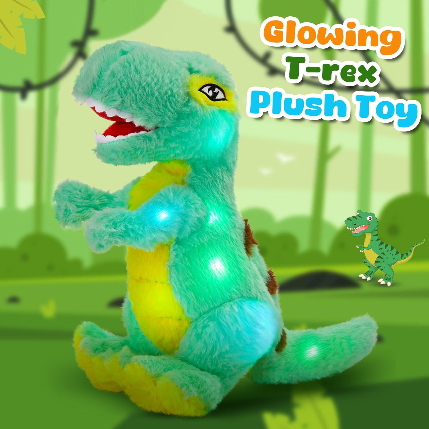 Glow Guards T-Rex Dinosaur Plush Toy, LED Night Light, 14" Soft Stuffed Animal, Glow in The Dark, Perfect Gift for Kids